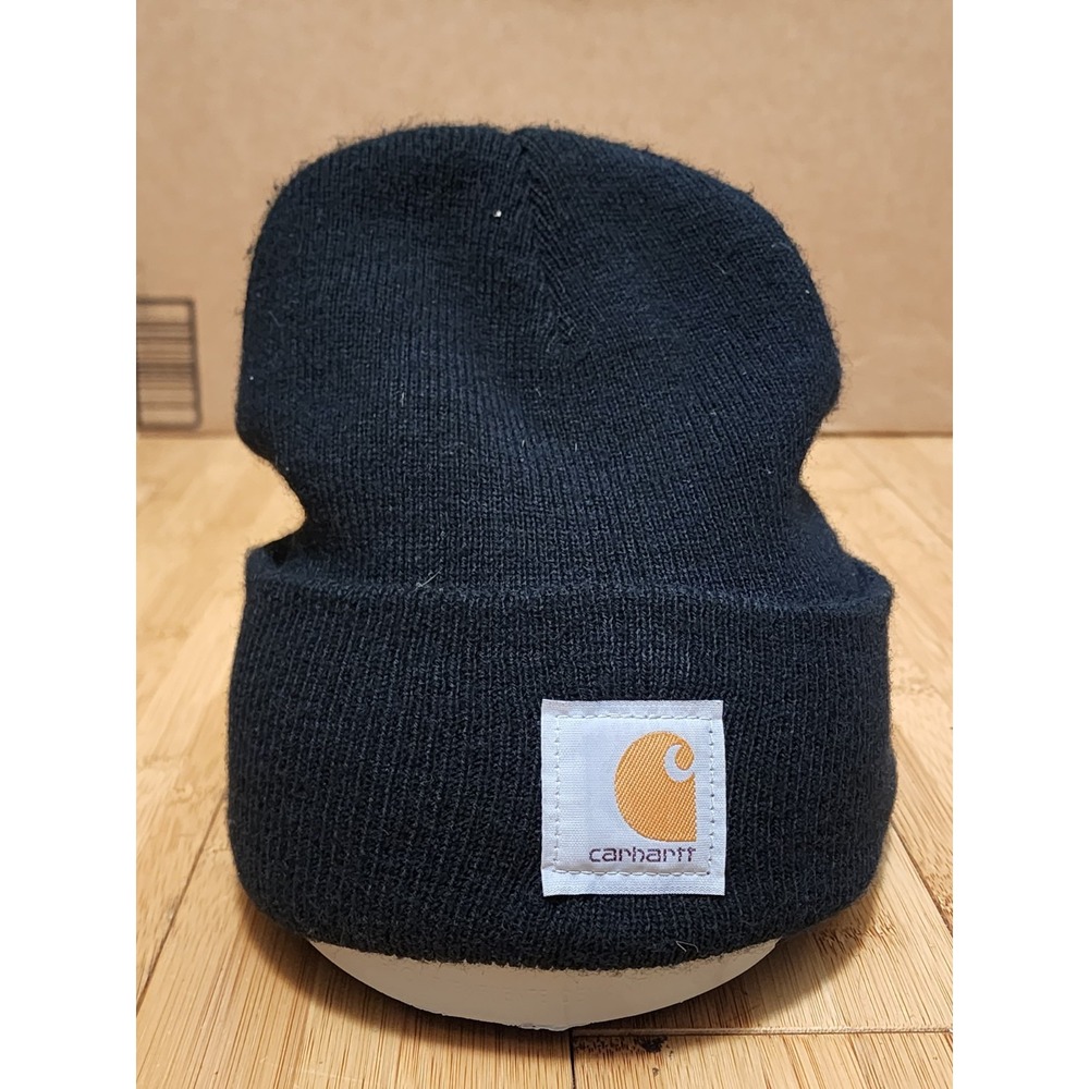 Carhartt Hat Cap Beanie A18 Black Cuffed Black Knit Acrylic Patch OS Mens USA